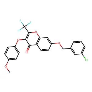 7-[(3-chlorophenyl)methoxy]-3-(4-methoxyphenoxy)-2-(trifluoromethyl)chromen-4-one structure