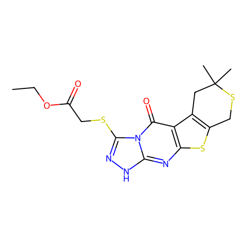 ethyl [(7,7-dimethyl-5-oxo-1,6,7,9-tetrahydro-5H-thiopyrano[4',3':4,5]thieno[2,3-d][1,2,4]triazolo[4,3-a]pyrimidin-3-yl)sulfanyl]acetate structure