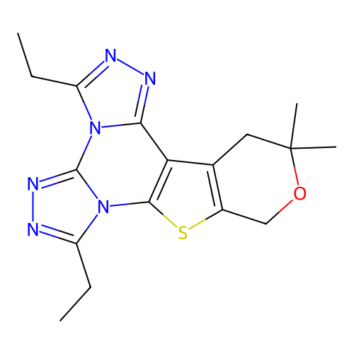 3,7-diethyl-12,12-dimethyl-12,13-dihydro-10H-pyrano[4',3':4,5]thieno[3,2-e]bis([1,2,4]triazolo)[4,3-a:4',3'-c]pyrimidine structure