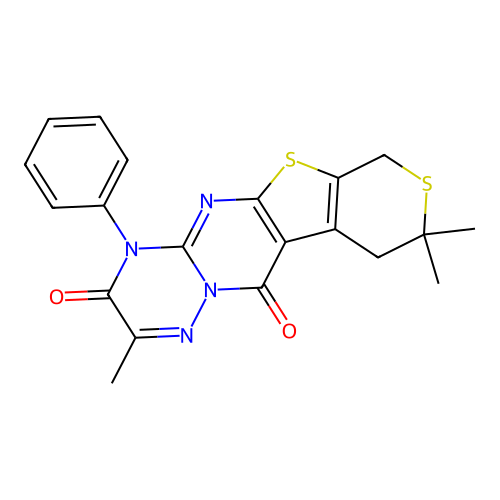 2,9,9-trimethyl-4-phenyl-4,7,9,10-tetrahydro-3H,11H-thiopyrano[4'',3'':4',5']thieno[2',3':4,5]pyrimido[1,2-b][1,2,4]triazine-3,11-dione structure