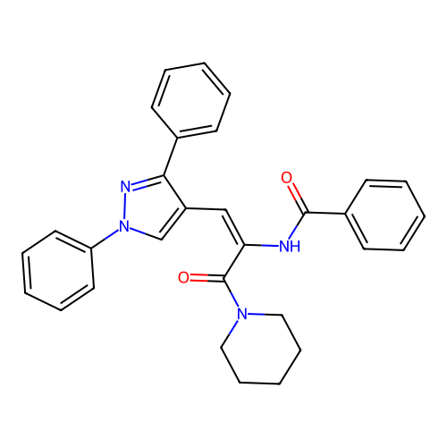 N-[(E)-1-(1,3-diphenylpyrazol-4-yl)-3-oxo-3-piperidin-1-ylprop-1-en-2-yl]benzamide structure