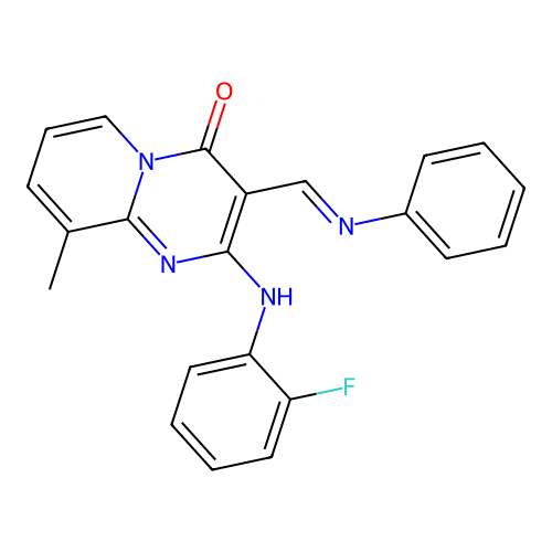 (E)-2-((2-fluorophenyl)amino)-9-methyl-3-((phenylimino)methyl)-4H-pyrido[1,2-a]pyrimidin-4-one structure