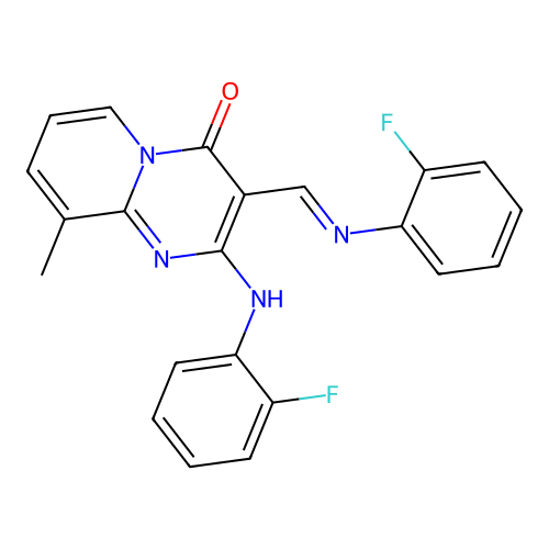 2-(2-fluoroanilino)-3-[(2-fluorophenyl)iminomethyl]-9-methylpyrido[1,2-a]pyrimidin-4-one structure