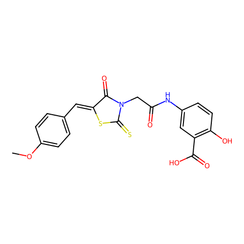 2-hydroxy-5-({[(5Z)-5-(4-methoxybenzylidene)-4-oxo-2-thioxo-1,3-thiazolidin-3-yl]acetyl}amino)benzoic acid structure