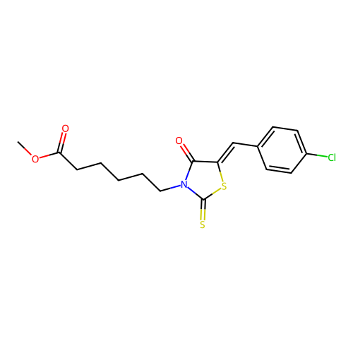 methyl 6-[(5Z)-5-[(4-chlorophenyl)methylidene]-4-oxo-2-sulfanylidene-1,3-thiazolidin-3-yl]hexanoate structure