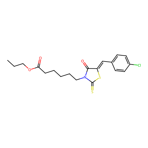 propyl 6-[(5Z)-5-[(4-chlorophenyl)methylidene]-4-oxo-2-sulfanylidene-1,3-thiazolidin-3-yl]hexanoate structure