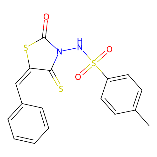 (E)-N-(5-benzylidene-2-oxo-4-thioxothiazolidin-3-yl)-4-methylbenzenesulfonamide structure