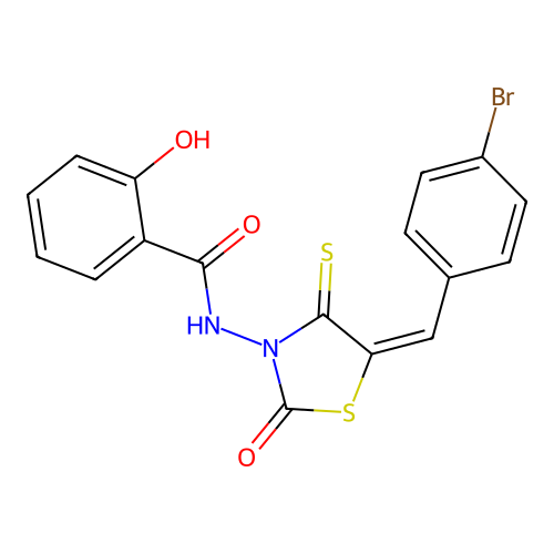 (E)-N-(5-(4-bromobenzylidene)-2-oxo-4-thioxothiazolidin-3-yl)-2-hydroxybenzamide structure