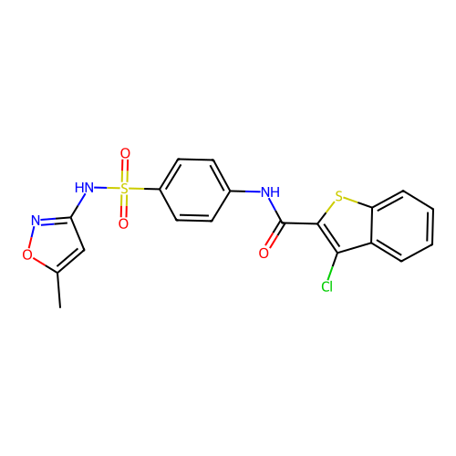3-chloro-N-(4-{[(5-methyl-3-isoxazolyl)amino]sulfonyl}phenyl)-1-benzothiophene-2-carboxamide structure