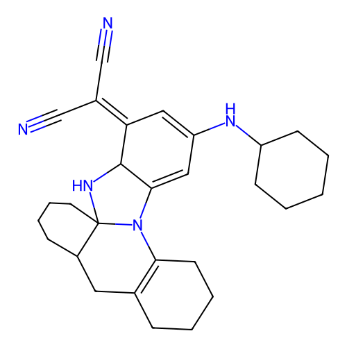 2-(2-(cyclohexylamino)-4a,5,6,7,8,9,9a,10,11,12,13,14-dodecahydro-4H-benzo[4,5]imidazo[2,1-e]acridin-4-ylidene)malononitrile structure