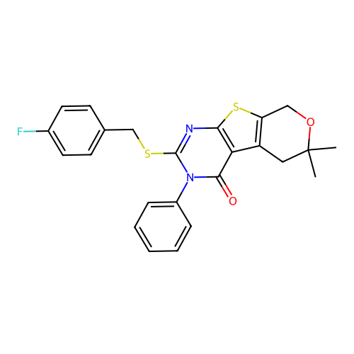 2-((4-fluorobenzyl)thio)-6,6-dimethyl-3-phenyl-5,6-dihydro-3H-pyrano[4',3':4,5]thieno[2,3-d]pyrimidin-4(8H)-one structure