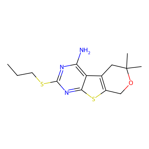 6,6-dimethyl-2-(propylsulfanyl)-5,8-dihydro-6H-pyrano[4',3':4,5]thieno[2,3-d]pyrimidin-4-amine structure