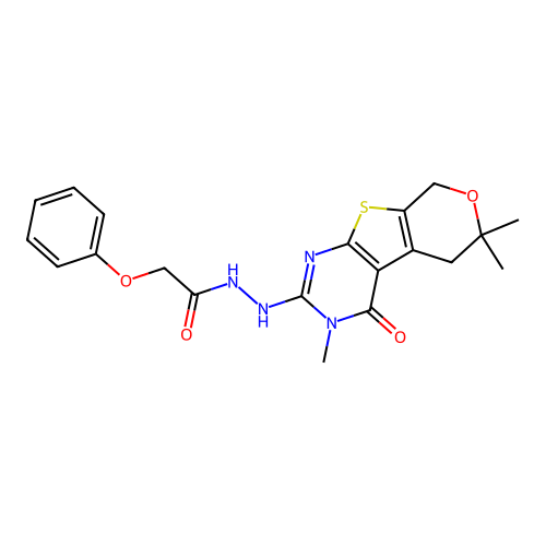 2-phenoxy-N'-(3,6,6-trimethyl-4-oxo-3,5,6,8-tetrahydro-4H-pyrano[4',3':4,5]thieno[2,3-d]pyrimidin-2-yl)acetohydrazide structure