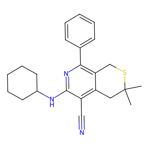 6-(cyclohexylamino)-3,3-dimethyl-8-phenyl-3,4-dihydro-1H-thiopyrano[3,4-c]pyridine-5-carbonitrile structure
