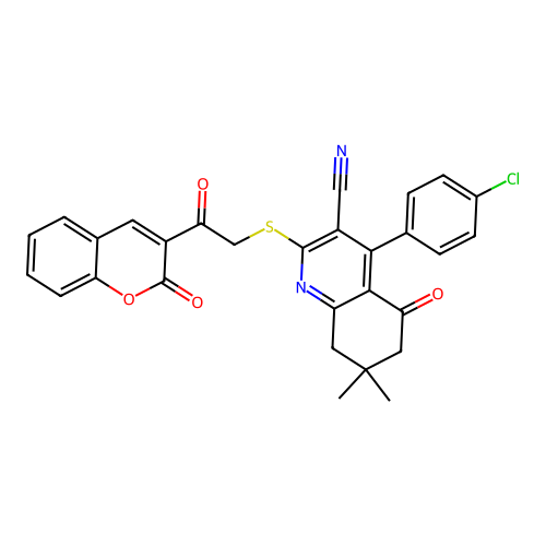 4-(4-chlorophenyl)-7,7-dimethyl-5-oxo-2-((2-oxo-2-(2-oxo-2H-chromen-3-yl)ethyl)thio)-5,6,7,8-tetrahydroquinoline-3-carbonitrile structure