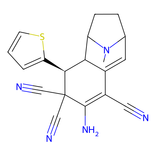 (4S)-2-amino-10-methyl-4-(thiophen-2-yl)-4,4a,5,6,7,8-hexahydro-3H-5,8-epiminobenzo[7]annulene-1,3,3-tricarbonitrile structure