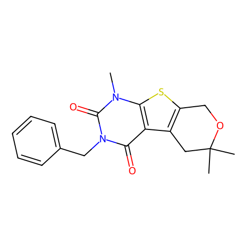 3-benzyl-1,6,6-trimethyl-1,5,6,8-tetrahydro-2H-pyrano[4',3':4,5]thieno[2,3-d]pyrimidine-2,4(3H)-dione structure