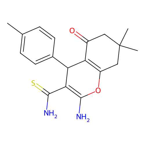 2-amino-7,7-dimethyl-4-(4-methylphenyl)-5-oxo-6,8-dihydro-4H-1-benzopyran-3-carbothioamide structure