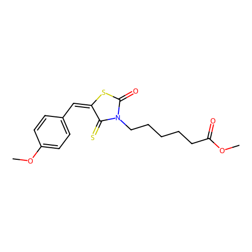 methyl 6-[(5E)-5-[(4-methoxyphenyl)methylidene]-2-oxo-4-sulfanylidene-1,3-thiazolidin-3-yl]hexanoate structure