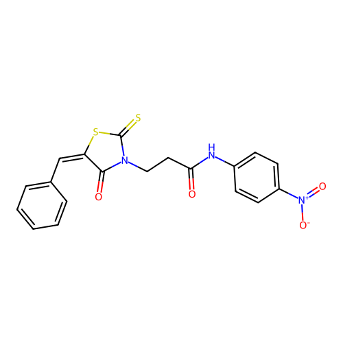 (E)-3-(5-benzylidene-4-oxo-2-thioxothiazolidin-3-yl)-N-(4-nitrophenyl)propanamide structure