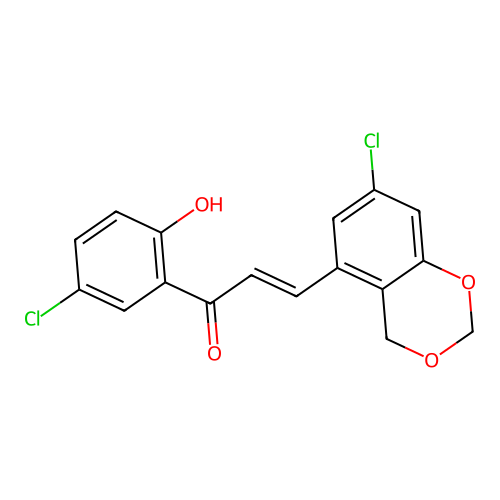 (E)-3-(7-chloro-4H-1,3-benzodioxin-5-yl)-1-(5-chloro-2-hydroxyphenyl)prop-2-en-1-one structure