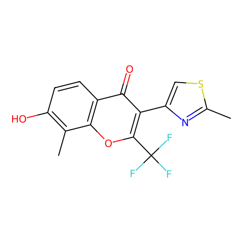 7-hydroxy-8-methyl-3-(2-methyl-1,3-thiazol-4-yl)-2-(trifluoromethyl)-4H-chromen-4-one structure