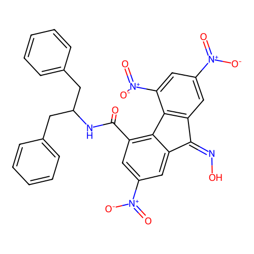 N-(1,3-diphenylpropan-2-yl)-9-hydroxyimino-2,5,7-trinitrofluorene-4-carboxamide structure