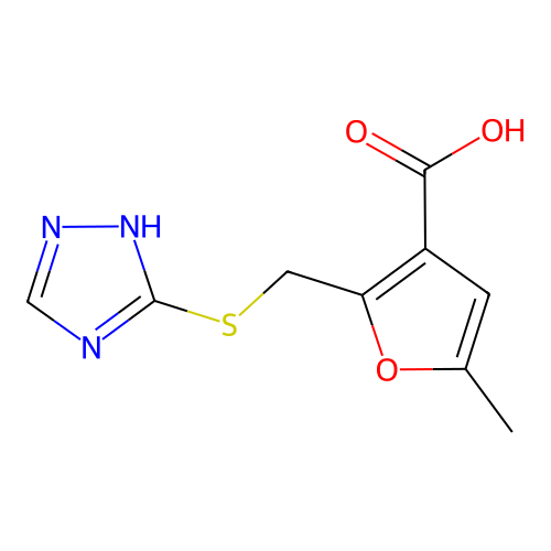 5-methyl-2-[(1H-1,2,4-triazol-5-ylsulfanyl)methyl]furan-3-carboxylic acid structure