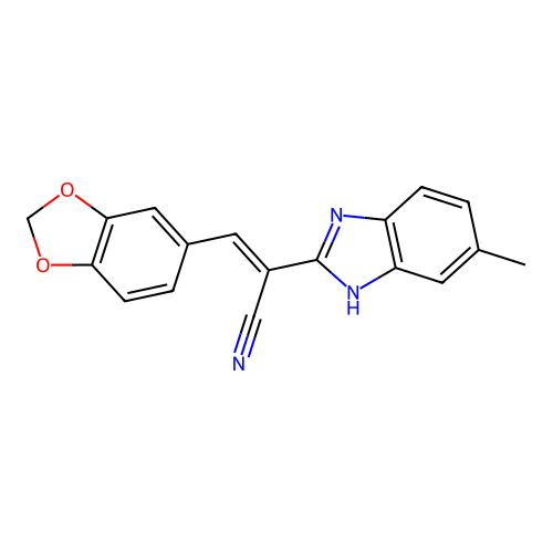(2E)-3-(1,3-benzodioxol-5-yl)-2-(6-methyl-1H-benzimidazol-2-yl)prop-2-enenitrile structure