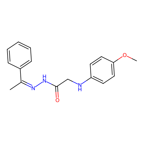 2-(4-methoxyanilino)-N-(1-phenylethylideneamino)acetamide structure