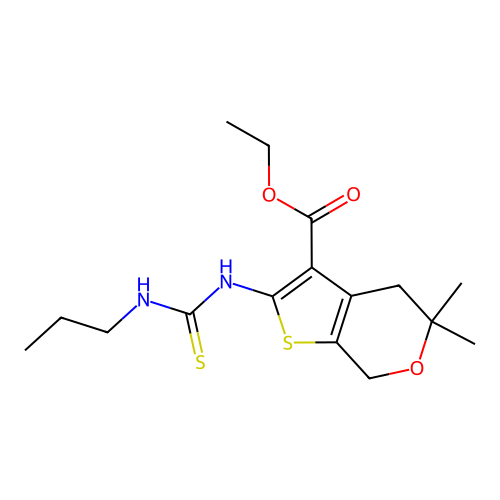 ethyl 5,5-dimethyl-2-(3-propylthioureido)-5,7-dihydro-4H-thieno[2,3-c]pyran-3-carboxylate structure