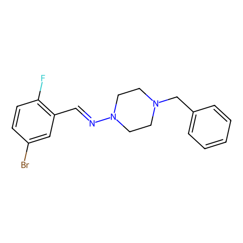 (E)-4-benzyl-N-(5-bromo-2-fluorobenzylidene)piperazin-1-amine structure