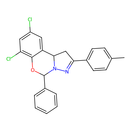 7,9-dichloro-2-(4-methylphenyl)-5-phenyl-1,10b-dihydropyrazolo[1,5-c][1,3]benzoxazine structure