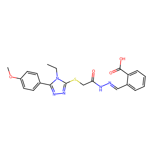 (E)-2-((2-(2-((4-ethyl-5-(4-methoxyphenyl)-4H-1,2,4-triazol-3-yl)thio)acetyl)hydrazono)methyl)benzoic acid structure