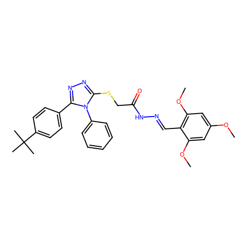 2-{[5-(4-tert-butylphenyl)-4-phenyl-4H-1,2,4-triazol-3-yl]sulfanyl}-N'-[(E)-(2,4,6-trimethoxyphenyl)methylidene]acetohydrazide structure