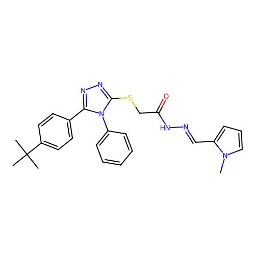 2-{[5-(4-tert-butylphenyl)-4-phenyl-4H-1,2,4-triazol-3-yl]sulfanyl}-N'-[(E)-(1-methyl-1H-pyrrol-2-yl)methylidene]acetohydrazide structure