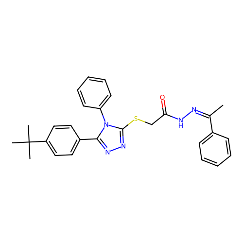 (Z)-2-((5-(4-(tert-butyl)phenyl)-4-phenyl-4H-1,2,4-triazol-3-yl)thio)-N'-(1-phenylethylidene)acetohydrazide structure