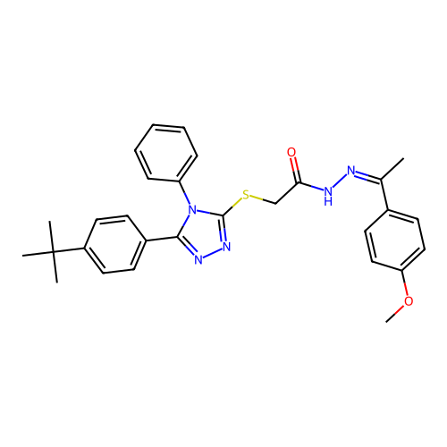 (Z)-2-((5-(4-(tert-butyl)phenyl)-4-phenyl-4H-1,2,4-triazol-3-yl)thio)-N'-(1-(4-methoxyphenyl)ethylidene)acetohydrazide structure