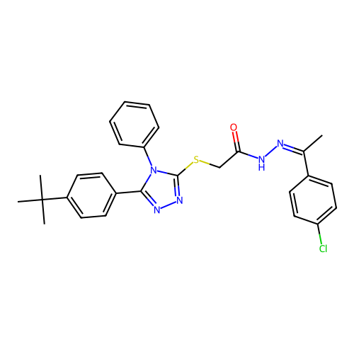 (Z)-2-((5-(4-(tert-butyl)phenyl)-4-phenyl-4H-1,2,4-triazol-3-yl)thio)-N'-(1-(4-chlorophenyl)ethylidene)acetohydrazide structure
