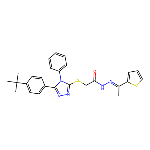 2-{[5-(4-tert-butylphenyl)-4-phenyl-4H-1,2,4-triazol-3-yl]sulfanyl}-N'-[(1E)-1-(thiophen-2-yl)ethylidene]acetohydrazide structure
