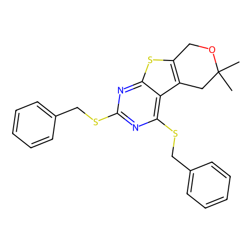 2,4-bis(benzylsulfanyl)-6,6-dimethyl-5,8-dihydro-6H-pyrano[4',3':4,5]thieno[2,3-d]pyrimidine structure