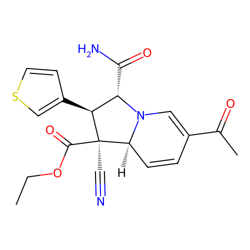 ethyl (1S,2S,3R,8aS)-6-acetyl-3-carbamoyl-1-cyano-2-thiophen-3-yl-3,8a-dihydro-2H-indolizine-1-carboxylate structure