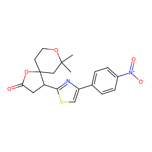 7,7-dimethyl-4-(4-(4-nitrophenyl)thiazol-2-yl)-1,8-dioxaspiro[4.5]decan-2-one structure