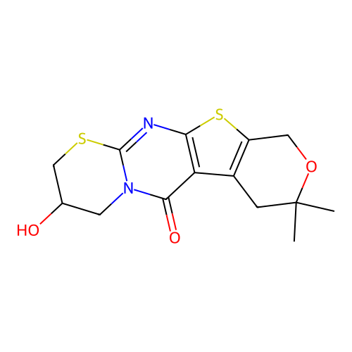 3-hydroxy-8,8-dimethyl-3,4,7,8-tetrahydro-2H-pyrano[4'',3'':4',5']thieno[2',3':4,5]pyrimido[2,1-b][1,3]thiazin-6(10H)-one structure
