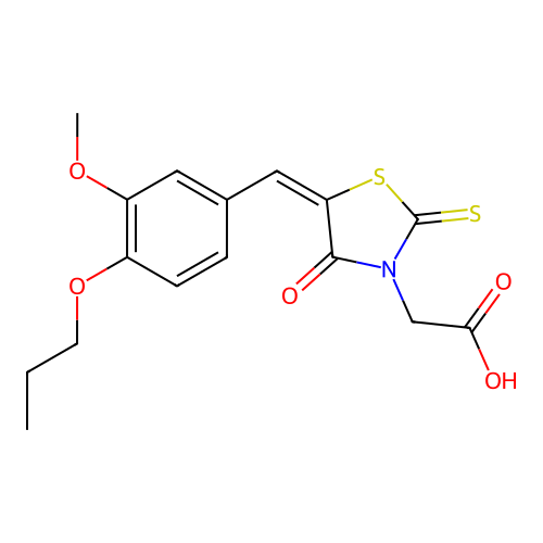 [(5E)-5-(3-methoxy-4-propoxybenzylidene)-4-oxo-2-thioxo-1,3-thiazolidin-3-yl]acetic acid structure