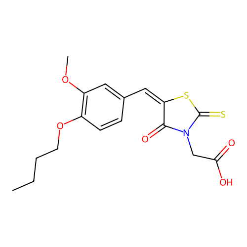 (E)-2-(5-(4-butoxy-3-methoxybenzylidene)-4-oxo-2-thioxothiazolidin-3-yl)acetic acid structure