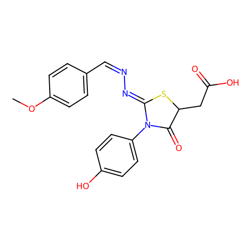 {(2Z)-3-(4-hydroxyphenyl)-2-[(2Z)-(4-methoxybenzylidene)hydrazinylidene]-4-oxo-1,3-thiazolidin-5-yl}acetic acid structure