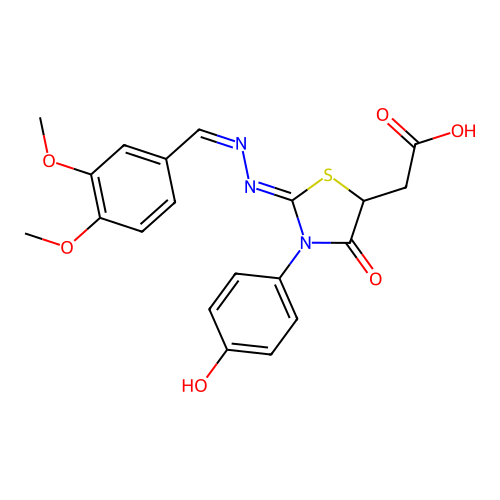 [(2Z)-2-[(2Z)-(3,4-dimethoxybenzylidene)hydrazinylidene]-3-(4-hydroxyphenyl)-4-oxo-1,3-thiazolidin-5-yl]acetic acid structure