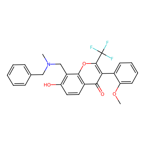 8-[[benzyl(methyl)amino]methyl]-7-hydroxy-3-(2-methoxyphenyl)-2-(trifluoromethyl)chromen-4-one structure