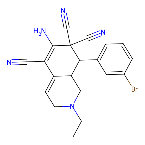 6-amino-8-(3-bromophenyl)-2-ethyl-1,3,8,8a-tetrahydroisoquinoline-5,7,7-tricarbonitrile structure